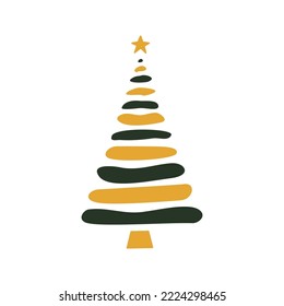 Flat hand drawn christmas tree illustration. Vector green and yellow pine isolated on white background