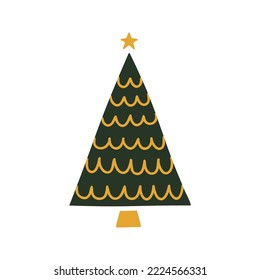 Flache handgezeichnete Weihnachtsbaumgrafik. Vektorgrüne und gelbe Kiefer einzeln auf weißem Hintergrund