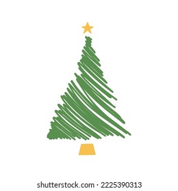 Flat hand drawn christmas tree illustration. Stylized pine isolated on white background