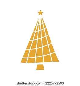 Flat hand drawn christmas tree gold silhouette illustration. Vector stylized pine isolated on white background