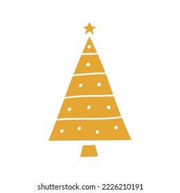 Flat hand drawn christmas tree gold silhouette illustration. Vector stylized pine isolated on white background