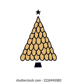 Ilustración vectorial de árboles de navidad plana dibujada a mano. Oro y pino negro aislados sobre fondo blanco