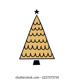 Flat hand drawn christmas tree vector illustration. Gold and black pine isolated on white background