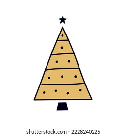 Flat hand drawn christmas tree vector illustration. Gold and black pine isolated on white background