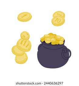 Monedas dibujadas a mano y grupo de monedas. Vector de color sketchy monedas, caldero con monedas aisladas sobre fondo blanco. Ideal para la decoración, pegatinas, patrón. Concepto de celebración irlandés.