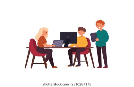 colegas dibujados a mano plana trabajando juntos, personas trabajando en ilustraciones vectoriales de portátiles