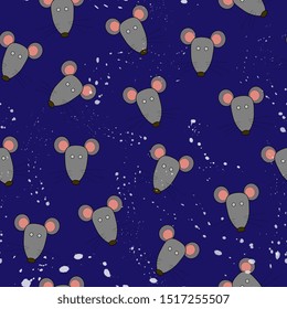 flat hand drawn color seamless pattern. Cute  animal,mouse cartoon character. Wrapping paper, kid textile, background design