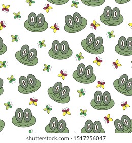 flat hand drawn color seamless pattern. Cute  animal,frog cartoon character. Wrapping paper, kid textile, background design