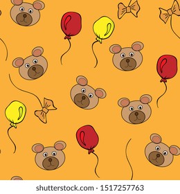flat hand drawn color seamless pattern. Cute  animal ,brown bear with balloons cartoon character. Wrapping paper, kid textile, background design