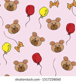 flat hand drawn color seamless pattern. Cute  animal ,brown bear with balloons cartoon character. Wrapping paper, kid textile, background design