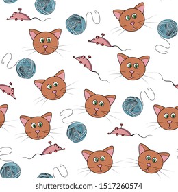 flat hand drawn color seamless pattern. Cute  animal,cats with toys, mouse and ball of thread cartoon character. Wrapping paper, kid textile, background design