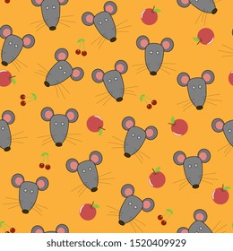 flat hand drawn color seamless pattern. Cute  animal,mouse cartoon character. Wrapping paper, kid textile, background design