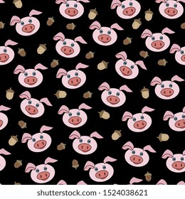 flat hand drawn color seamless pattern. Cute  animal,pig and acorns cartoon character. Wrapping paper, kid textile, background design