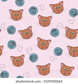 flat hand drawn color seamless pattern. Cute  animal,cats with  ball of thread cartoon character. Wrapping paper, kid textile, background design