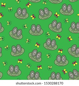 flat hand drawn color seamless pattern. Cute  animal,frog cartoon character. Wrapping paper, kid textile, background design