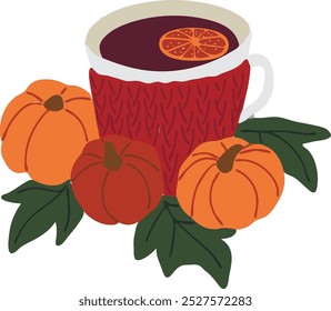Flat hand drawn composition: cup with hot drink with pumpkin with leaves around. Orange slice is in mug. Knitting case on vessel. Isolated autumn decoration.