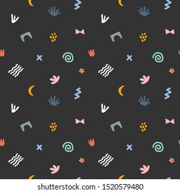 Flat hand drawn contemporary abstract art elements made as seamless vector pattern. Abstraction doodles and shapes on black background. 