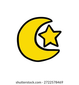 Ícone de lua crescente desenhada à mão plana e estrela representando o Islã, o Ramadã e as celebrações muçulmanas