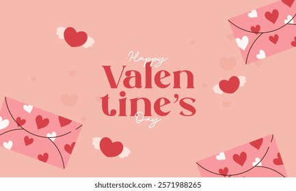 Flat Hand Drawn Cute Lovely Valentine's Day Background Concept. Flat Lay Concept with Pink and Red Valentine's Elements. Design for wallpaper, pattern, greeting cards, wrapping paper, and postcards.