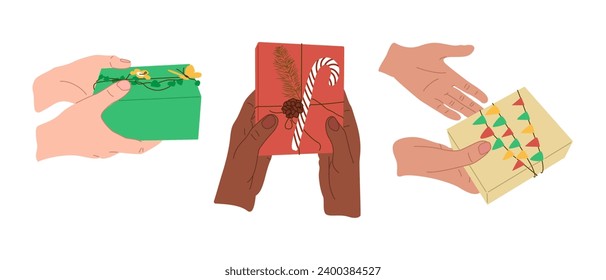 Flat hand drawn diverse hands with gift boxes. Different color skin hands giving presents on holiday. Christmas, Valentines, birthday concept composit