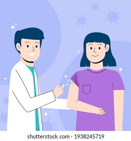 Flat hand drawn doctor injecting vaccine to a patient illustration