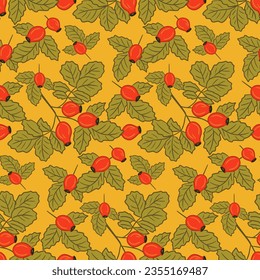 Flat hand drawn dogrose leaves and berries pattern. Autumn simple cartoon design. Isolated vector dirty green leaves and red berries on orange background. Good for decoration, textile, wrapping