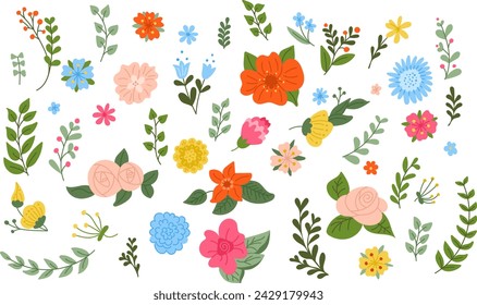 Flat hand drawn doodle spring flowers and leaves. Sketchy bright leaves and flowers on white background. Ideal for decoration, stickers, greetings, banner and background