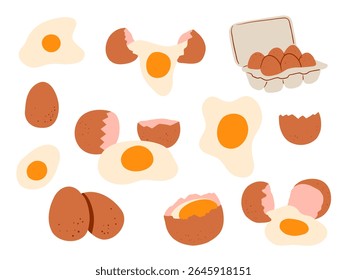 Ilustração De Gema De Ovo Desenhada À Mão Plana. Uma coleção divertida de ilustrações de ovos planos, incluindo cascas rachadas, gemas fritas e caixas em tons quentes e estilo de desenho animado. Perfeito para o café da manhã de ícones de comida