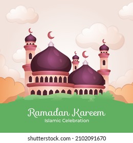 El paisaje verde de la mezquita eid mubarak dibujada a mano plana