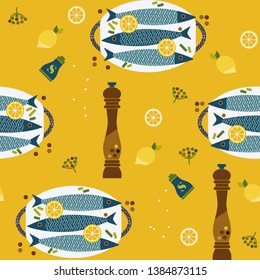 Flat hand drawn fish cooking icons seamless pattern. Sea food, lemon, pepper mill and salt shaker retro style Scandinavian cartoon illustration.  