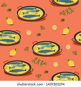 Flat hand drawn fish cooking icons seamless pattern. Sea food dinner, lemon slice seasoning grass retro style Scandinavian cartoon illustration. Fishes restaurant menu, textile, paper print background