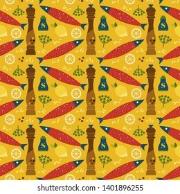 Flat hand drawn fish dishes geometric seamless pattern. Sea food, lemon, pepper mill salt shaker retro style Scandinavian cartoon illustration. Fishes restaurant menu, textile, paper print background