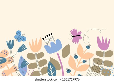 Fondo florido plano a mano con flores nativas, bayas y mariposas. Fondo floral decorativo en estilo doodle. El bonito fondo del jardín.