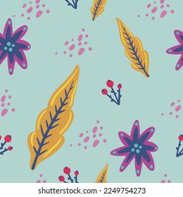 Flat hand drawn floral pettern with purple flowers, branches, yellow leaves