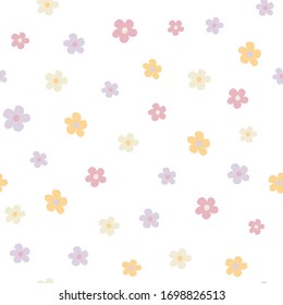 Flat hand drawn floral seamless color pattern. Cartoon texture with cute colors. Sketch of wrapping paper, textile, vector background shading