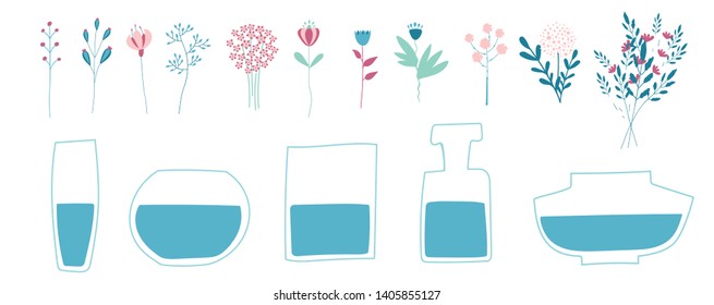 flat hand drawn flower set