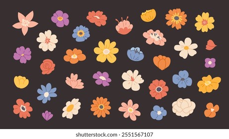 Flat hand drawn flowers. Botanical elements in pastel colors. Vector wildflowers