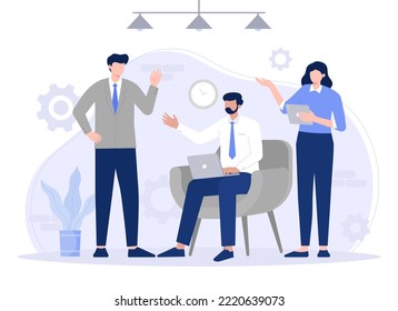 Flat hand drawn formal people working and discussing indoors. Modern vector flat illustration.