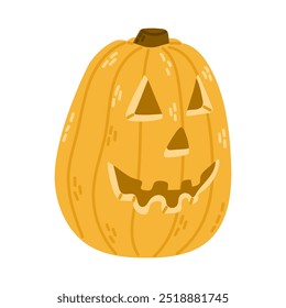 Mão plana desenhada engraçado Halloween abóbora jack o lanterna. Design assustador para férias de outono isolado no fundo branco. Impressão, adesivo ou decoração assustadora