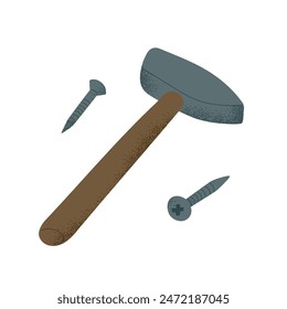 Flacher handgezeichneter Hammer mit Stiften. Vektorgrafik-Zeichnung des Nutzwerkzeugs isoliert auf weißem Hintergrund. Reparatur und Nachhaltigkeit, upgrades Konzept