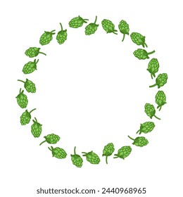 Flat hand drawn hops floral wreath. Beer concept. Isolated vector elements on dark background. St Patricks Day or Octoberfest decoration. Unique print design