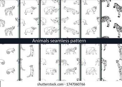 Flat hand drawn illustration. Cute cartoon animal character on background. Wild animal vector seamless pattern