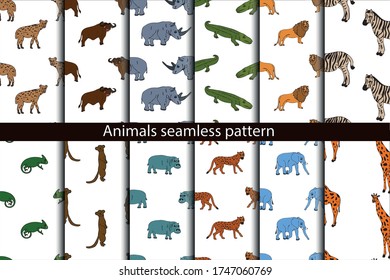 Ilustración dibujada a mano plana. Cuto caricatura de animal sobre el fondo. Patrón sin soldadura del vector animal salvaje