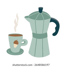 Ilustração desenhada à mão plana de um pote de moka e uma xícara com café quente em tons verdes suaves, decorada com uma bolota. Perfeito para desenhos acolhedores de outono, marca de café, ou impressões sazonais.