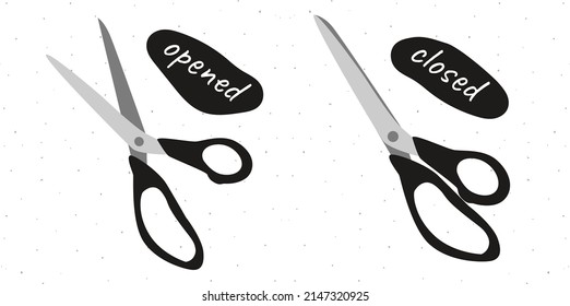 Flat hand drawn illustration of open and closed pairs of scissors isolated on white background
