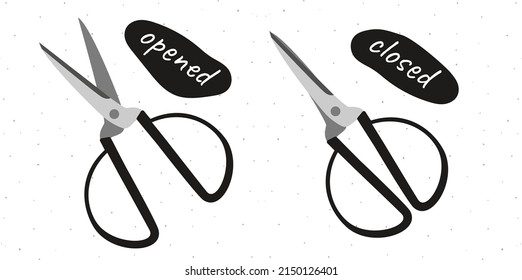 Flat hand drawn illustration of open and closed pairs of scissors isolated on white background