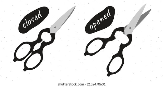 Flat hand drawn illustration of open and closed pairs of scissors isolated on white background