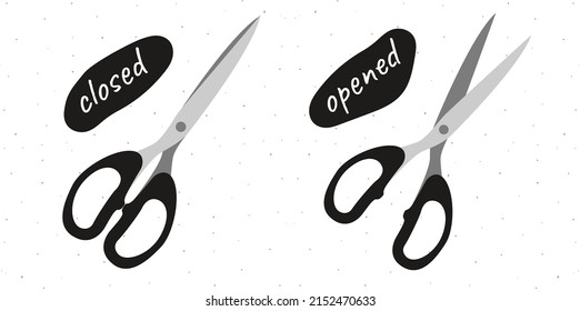 Flat hand drawn illustration of open and closed pairs of scissors isolated on white background