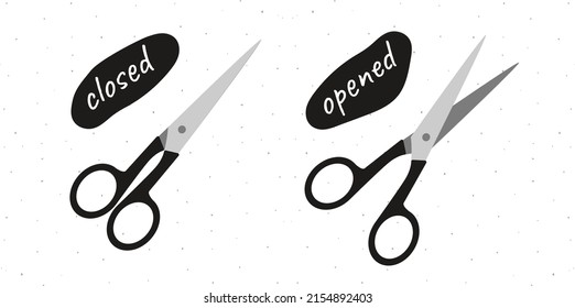 Flat hand drawn illustration of open and closed pairs of scissors isolated on white background