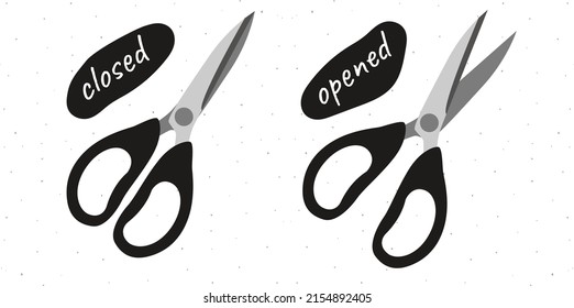 Ilustración plana a mano de pares abiertos y cerrados de tijeras aisladas en fondo blanco